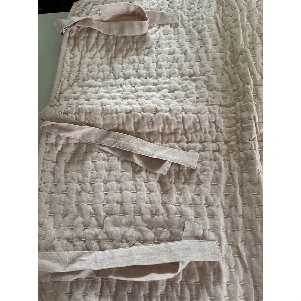 Pottery Barn Euro Pick Stitch Quilted Pink Sand Pillow Sham Linen Cotton Tie 36